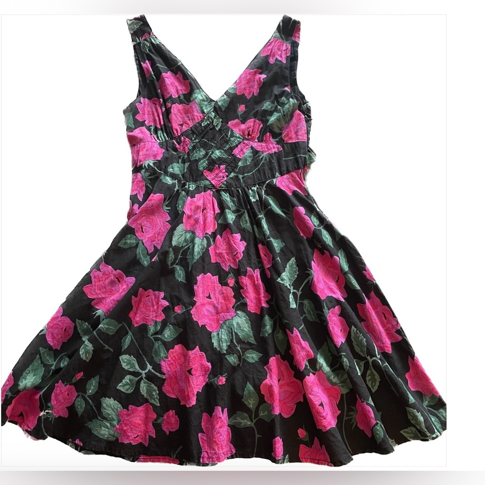 Poet Black Midi Dress with Vibrant Pink Floral Pattern